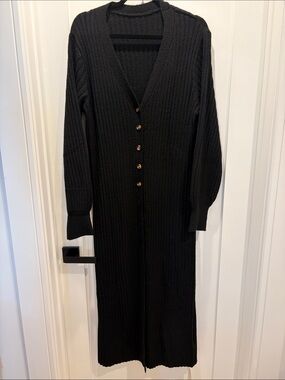Long Black Ribbed Button-Front Cardigan/Sweater Dress